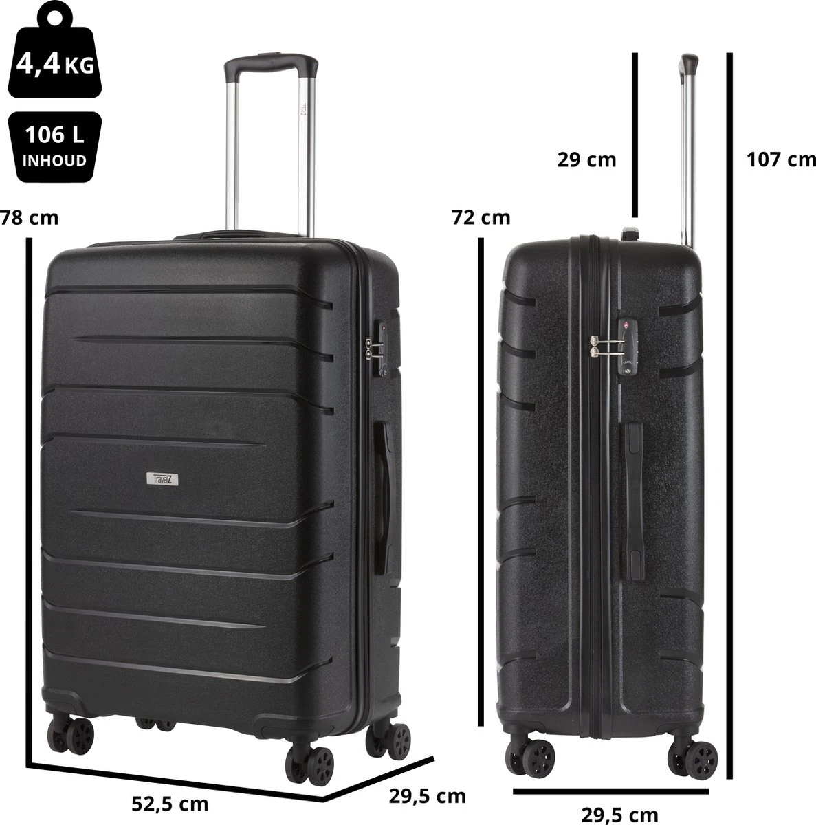 TravelZ Big Bars Reiskoffer 78 Cm Met Dubbele Wielen - Trolley Koffer Met TSA-slot - Zwart 7 TravelZ Big Bars Reiskoffer 78 Cm Met Dubbele Wielen - Trolley Koffer Met TSA-slot - Zwart - Afbeelding 5