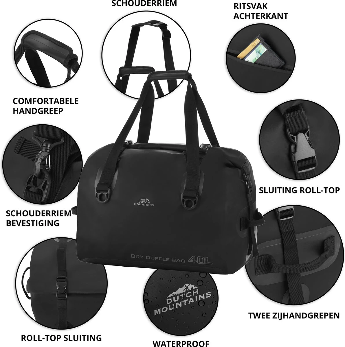 Dutch Mountains Reistas 40ltr – Waterdichte Duffelbag – Sporttas – Travelbag - Roll-top Sluiting – Zwart 5 Dutch Mountains Reistas 40ltr – Waterdichte Duffelbag – Sporttas – Travelbag - Roll-top Sluiting – Zwart - Afbeelding 3