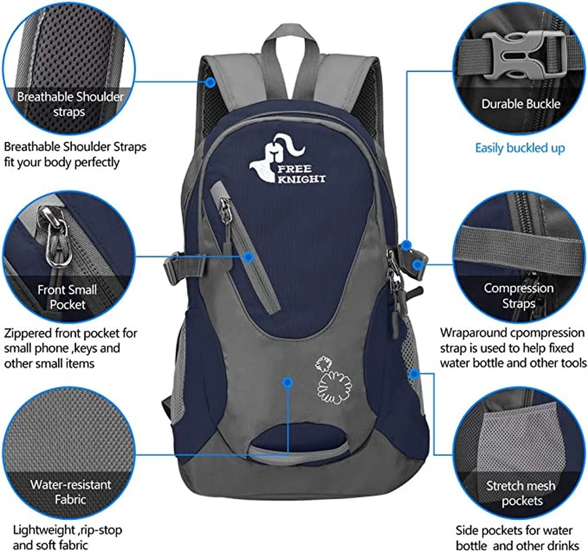 Free Knight Klein Dagrugzak, 20 L, Marineblauw ,waterdichte ,lichtgewicht 5 Free Knight Klein Dagrugzak, 20 L, Marineblauw ,waterdichte ,lichtgewicht - Afbeelding 3