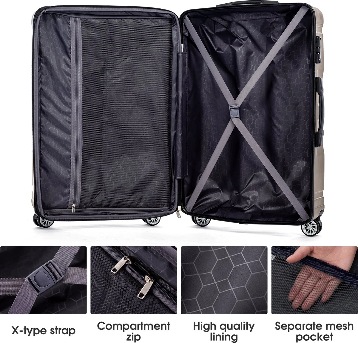 Merax 3-delig Kofferset Met TSA Slot - Trolleyset ABS 40L, 70L & 110 Liter - Goud 6 Merax 3-delig Kofferset Met TSA Slot - Trolleyset ABS 40L, 70L & 110 Liter - Goud - Afbeelding 4