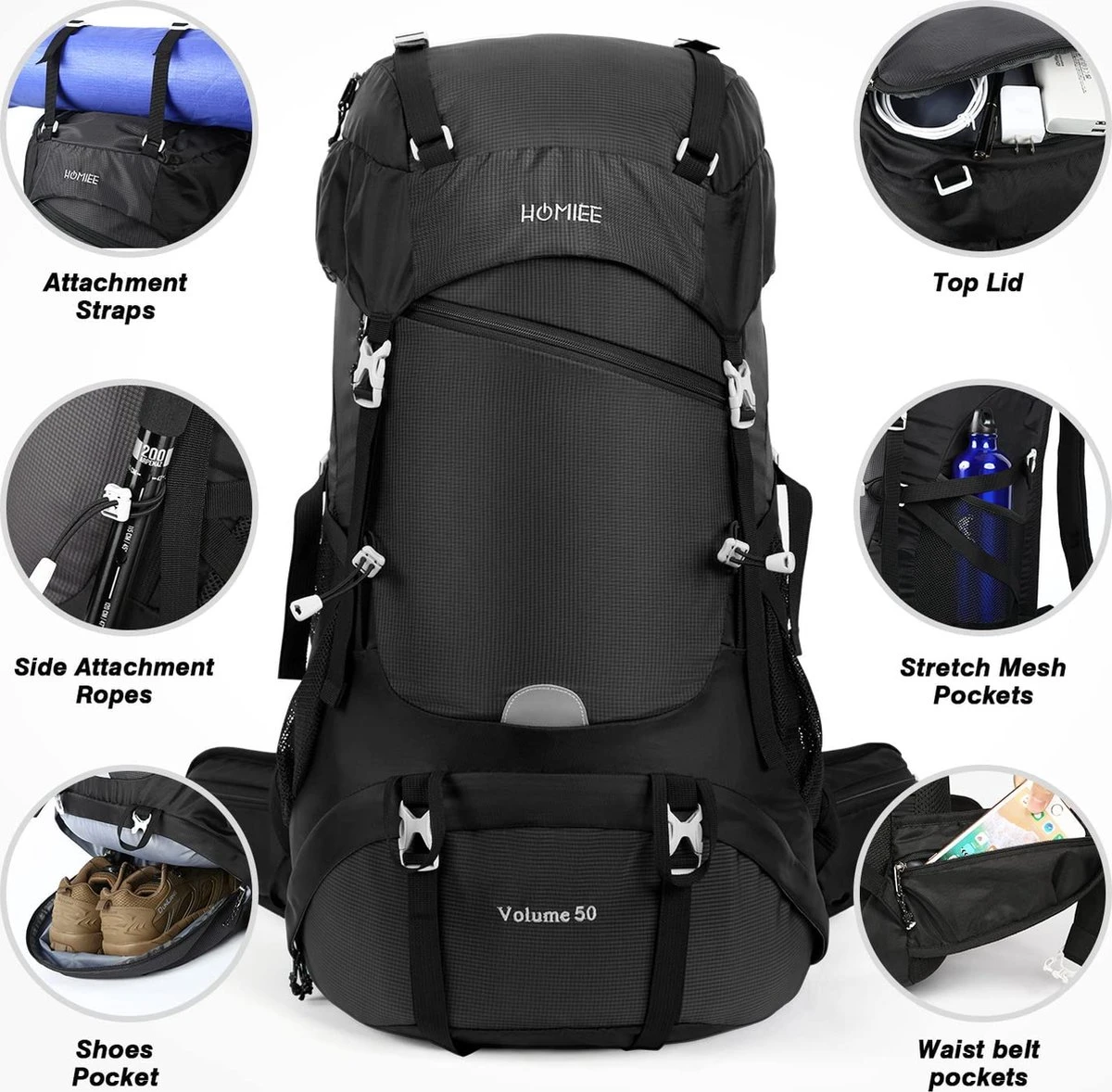 Merkloos Hiking Backpack 50L, Men Women Waterproof Trekking Backpack Travel Backpack Outdoor Hiking Backpack With Rain Cover, Backpacker Backpack For Hiking, Mountaineering, Camping, Travel Sports 8 Merkloos Hiking Backpack 50L, Men Women Waterproof Trekking Backpack Travel Backpack Outdoor Hiking Backpack With Rain Cover, Backpacker Backpack For Hiking, Mountaineering, Camping, Travel Sports - Afbeelding 6