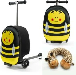 Rolkoffer Trolley Voor Kinderen | Geel | Trolley | Tas Kind | Bagagekoffer | Step Jongen | Vliegtuig Nekkussen | Step Met 3 Wielen | FDBW | Koffer Handbagage - 50 Kilo - Bouncy Box 40x20x25 Cm + Nekkussen Vliegtuig