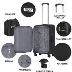 Travelz Softspinner TSA Reiskoffer 77cm - Zachte Reiskoffer Met Expander 104 + 16 Ltr - Zwart -Reis Opberg Artikelen 1200x1193 1