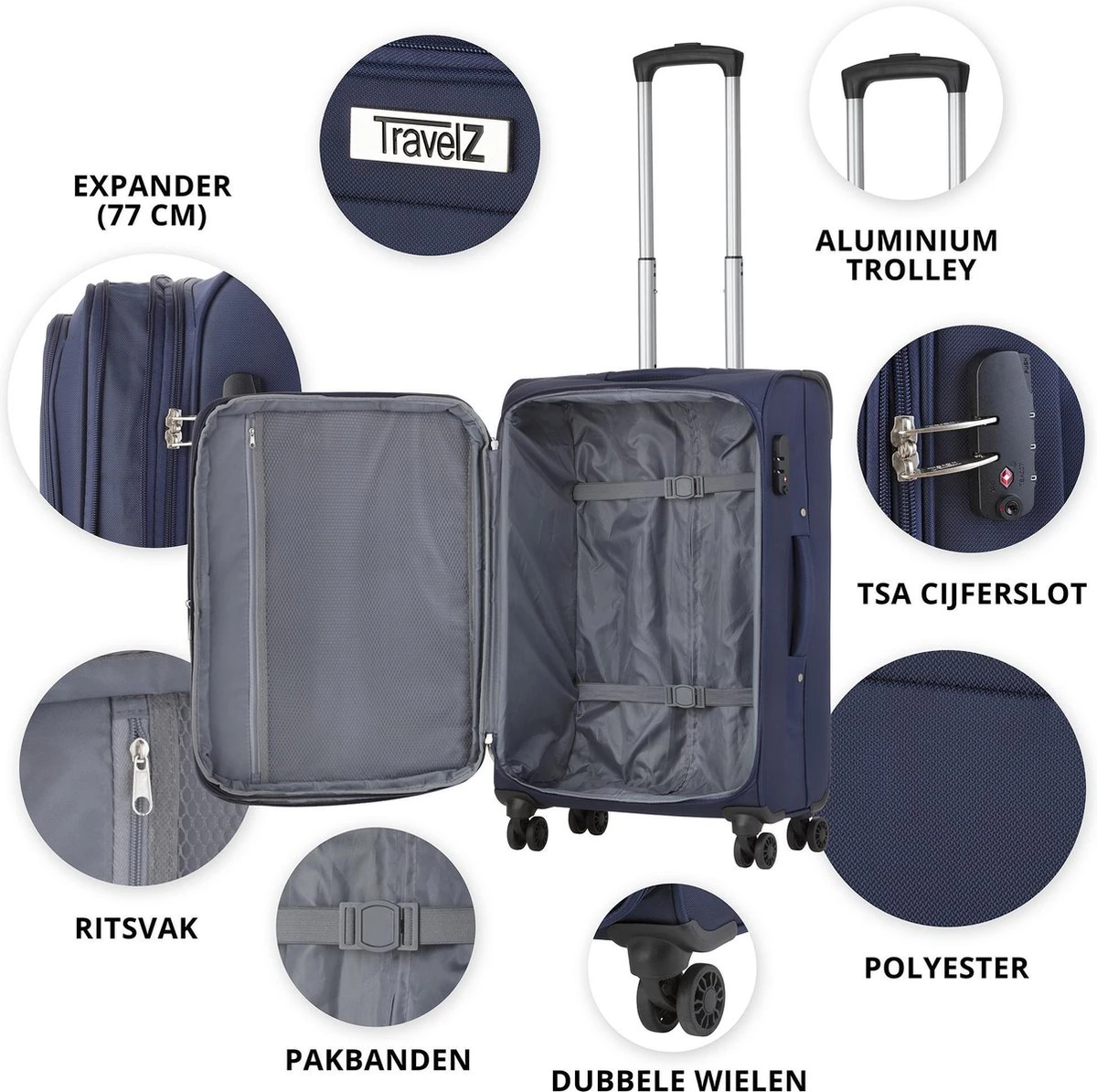 TravelZ Softspinner TSA Kofferset - 2-delig Handbagage + Grote Koffer 77cm - Dubbele Wielen - Blauw 6 TravelZ Softspinner TSA Kofferset - 2-delig Handbagage + Grote Koffer 77cm - Dubbele Wielen - Blauw - Afbeelding 4