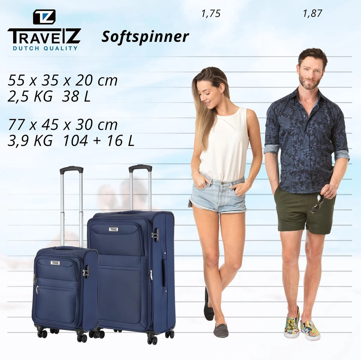 TravelZ Softspinner TSA Kofferset - 2-delig Handbagage + Grote Koffer 77cm - Dubbele Wielen - Blauw 9 TravelZ Softspinner TSA Kofferset - 2-delig Handbagage + Grote Koffer 77cm - Dubbele Wielen - Blauw - Afbeelding 7