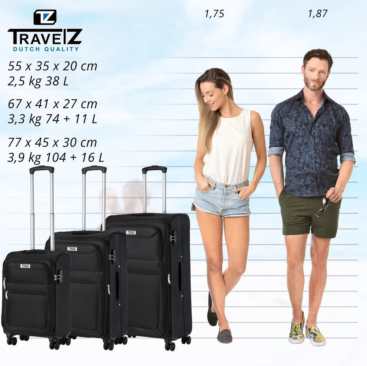 TravelZ Softspinner TSA Kofferset - 3-delige Zachte Trolleyset - Dubbele Wielen En Voorvakken Zwart 11 TravelZ Softspinner TSA Kofferset - 3-delige Zachte Trolleyset - Dubbele Wielen En Voorvakken Zwart - Afbeelding 9