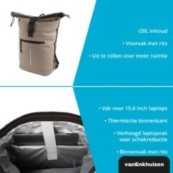 VanEnkhuizen Rolltop Rugzak Met Laptopvak 15,6 Inch - 20 Liter - Waterafstotend En Thermo Materiaal - Taupe -Reis Opberg Artikelen 1200x1200 1574