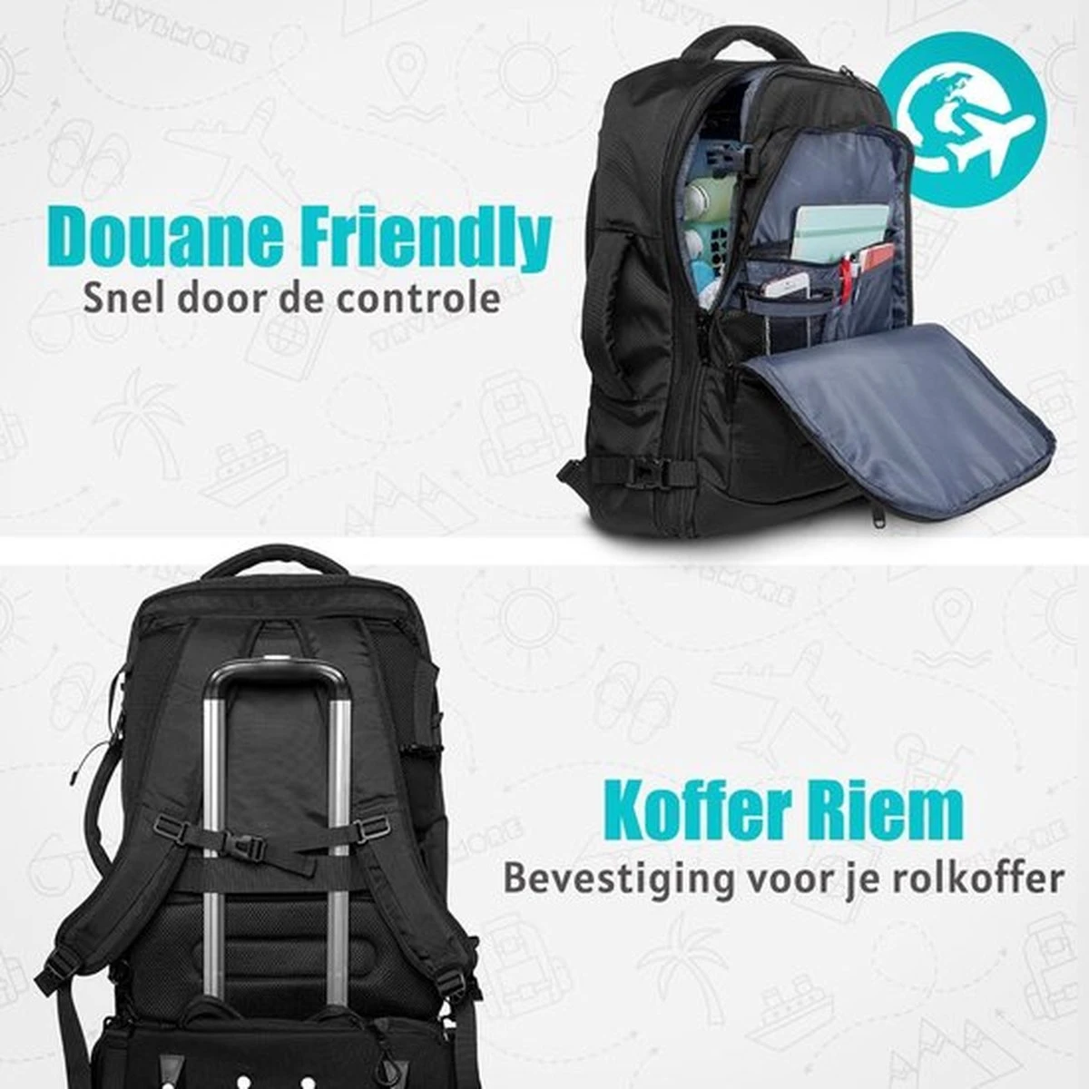 TRVLMORE Reistas - Rugzak - Handbagage Weekendtas - Backpack - Waterafstotend - 40L - Zwart 5 TRVLMORE Reistas - Rugzak - Handbagage Weekendtas - Backpack - Waterafstotend - 40L - Zwart - Afbeelding 3