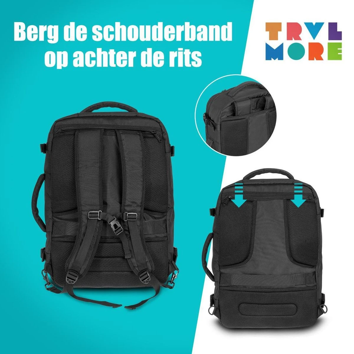 TRVLMORE Reistas - Rugzak - Handbagage Weekendtas - Backpack - Waterafstotend - 40L - Zwart 6 TRVLMORE Reistas - Rugzak - Handbagage Weekendtas - Backpack - Waterafstotend - 40L - Zwart - Afbeelding 4