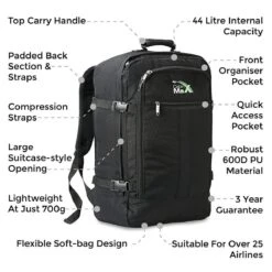 CabinMax Metz Reistas– Handbagage 44L- Rugzak – Schooltas - Backpack 55x40x20cm – Lichtgewicht - Zwart Nocturna (MZ SP-NA) -Reis Opberg Artikelen 1200x1200 2339