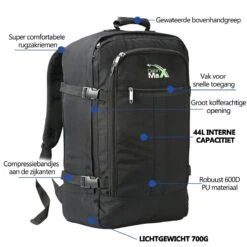 CabinMax Metz Reistas– Handbagage 44L- Rugzak – Schooltas - Backpack 55x40x20cm – Lichtgewicht - Zwart (MZ BK) -Reis Opberg Artikelen 1200x1200 2472