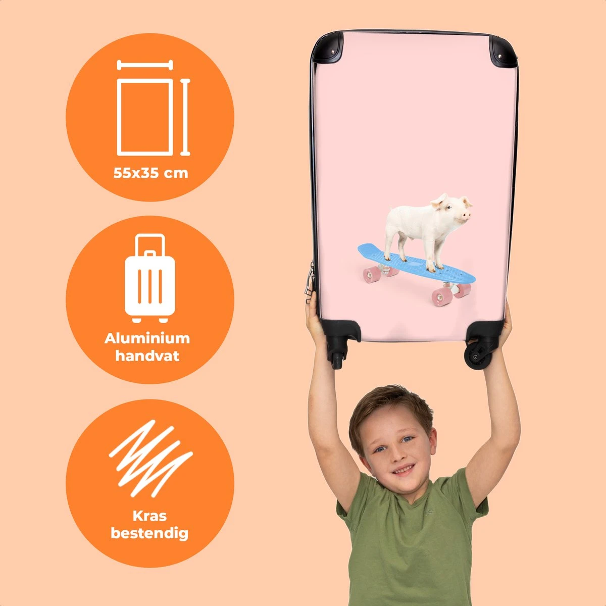 NoBoringSuitcases.com® Kinderkoffer - Trolley Kinderen - Varken - Roze - Skateboard - Kinderen - Meisje - Koffer Dieren - Past Binnen 55x40x20 Cm En 55x35x25 Cm - Reiskoffer Met Wielen 5 NoBoringSuitcases.com® Kinderkoffer - Trolley Kinderen - Varken - Roze - Skateboard - Kinderen - Meisje - Koffer Dieren - Past Binnen 55x40x20 Cm En 55x35x25 Cm - Reiskoffer Met Wielen - Afbeelding 3
