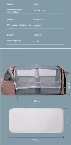 Merkloos Tas Voor Moeders En Vaders Met Uitklapbaar Baby Bedje - Draagbare Box - Rugzak Moeder - Roze - Met Veel Handige Opberg Vakken En USB Oplader - Klamboe - Mummy Bag - Verstelbaar -Reis Opberg Artikelen 588x1200 4