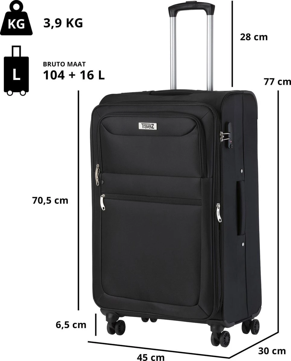 TravelZ Softspinner TSA Kofferset - 3-delige Zachte Trolleyset - Dubbele Wielen En Voorvakken Zwart 10 TravelZ Softspinner TSA Kofferset - 3-delige Zachte Trolleyset - Dubbele Wielen En Voorvakken Zwart - Afbeelding 8