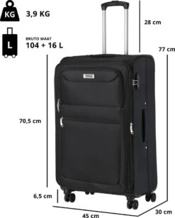 Travelz Softspinner TSA Reiskoffer 77cm - Zachte Reiskoffer Met Expander 104 + 16 Ltr - Zwart -Reis Opberg Artikelen 965x1200