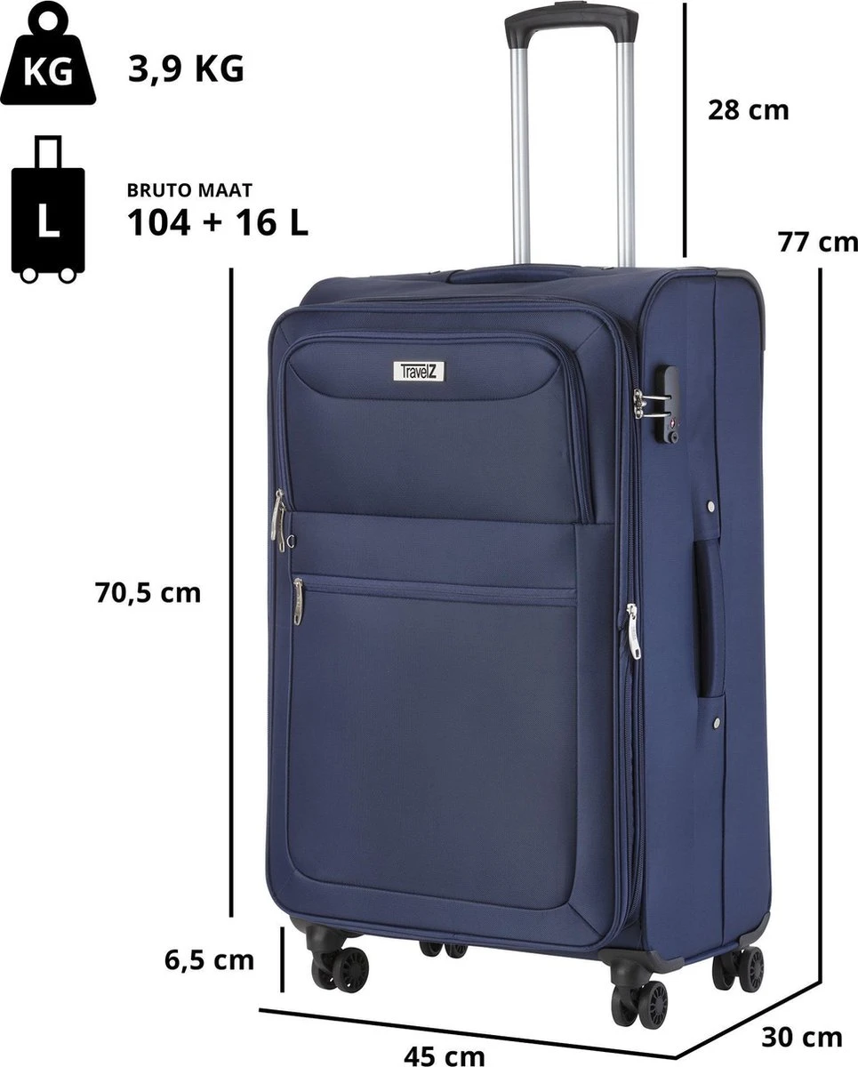 TravelZ Softspinner TSA Kofferset - 2-delig Handbagage + Grote Koffer 77cm - Dubbele Wielen - Blauw 8 TravelZ Softspinner TSA Kofferset - 2-delig Handbagage + Grote Koffer 77cm - Dubbele Wielen - Blauw - Afbeelding 6